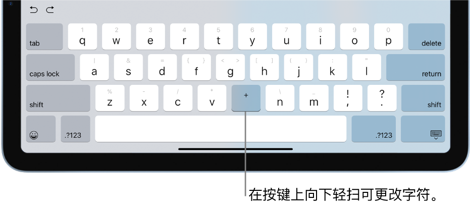 键盘显示 B 键在被用户向下轻扫后变成加号。