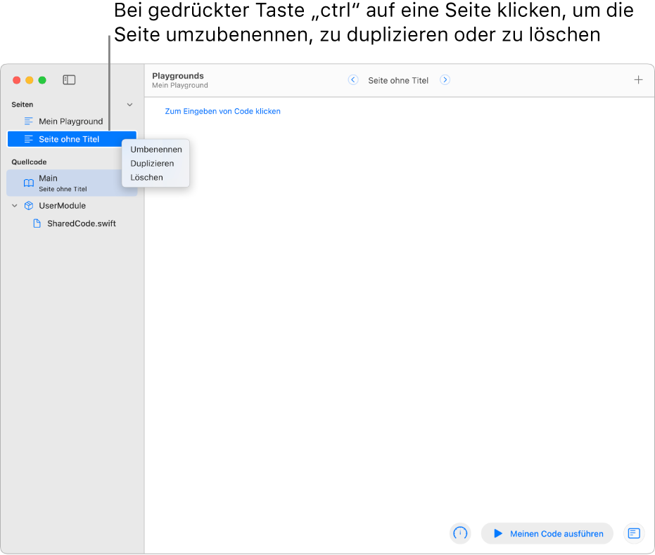 Ein Playground-Buch und die geöffnete Seitenleiste mit der Liste der Seiten, Module und Dateien. Für eine der in der Seitenleiste aufgelisteten Seiten ist das Kontextmenü geöffnet. Darin befinden sich die Seitenbefehle zum Umbenennen, Duplizieren und Löschen.