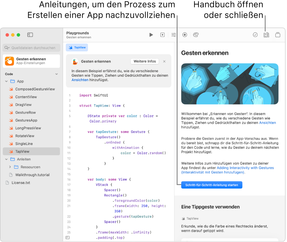 Ein App-Playground mit dem geöffneten Handbuch mit der Taste „Schritt-für-Schritt-Anleitung starten“ in der rechten Seitenleiste wird angezeigt. Der Code befindet sich links. Die Beschreibung über dem Code erläutert die Funktion des Codes.