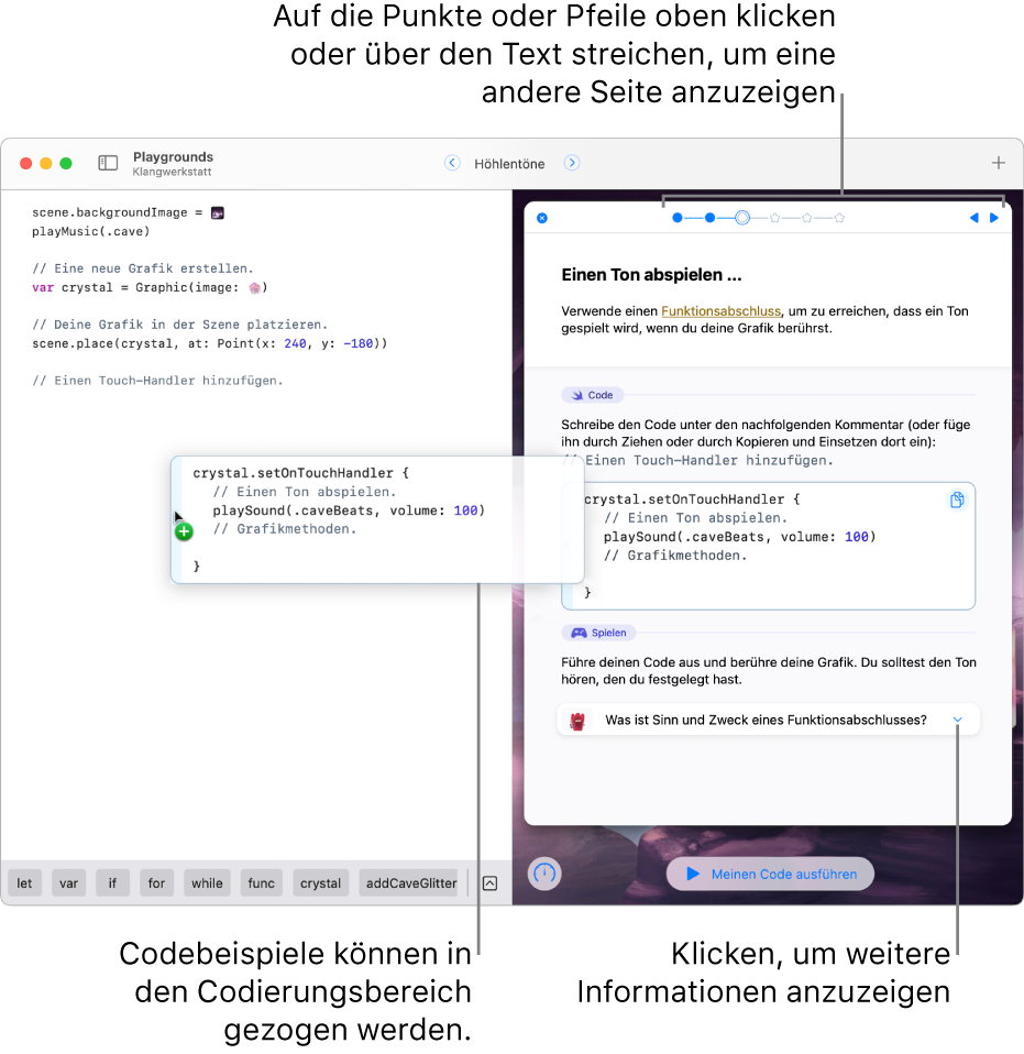 Ein geöffnetes Playground-Buch mit Code mit Anleitungen und Codebeispielen rechts und dem Codierungsbereich links, in dem zu sehen ist, wie ein Codebeispiel aus den Anleitungen in den Codierungsbereich gezogen wird.