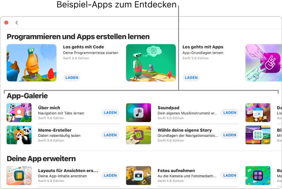 Das Fenster „Weitere Playgrounds“, das so gescrollt wurde, dass oben der Bereich „App-Galerie“ angezeigt wird. Dort sind Beispiel-Apps zu sehen, die du als Grundlage zum Erstellen von Apps verwenden kannst, indem du eigenen Code hinzufügst. Jede App verfügt über die Taste „Laden“, auf die du klicken kannst, um sie zu laden. Die Apps im nächsten Abschnitt „Deine App erweitern“ enthalten Code, mit dem andere geladene oder erstellte Apps erweitert werden können. Der untere Abschnitt „Bücher“ enthält die Playground-Bücher.
