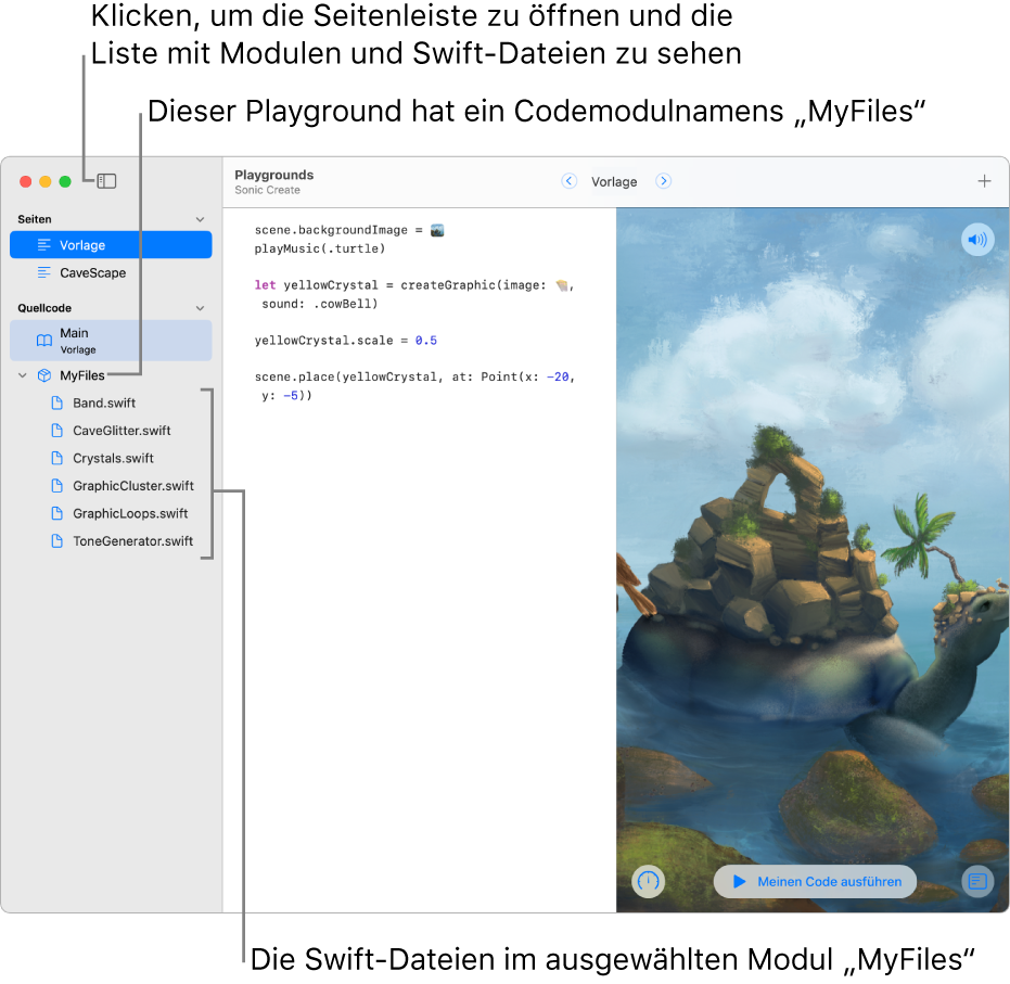 Eine Playground-Seite mit der geöffneten Seitenleiste und der geöffneten Liste der Module zeigt den Playground an, auf dem sich das Codemodul „MyFiles“ mit sechs Swift-Dateien befindet.