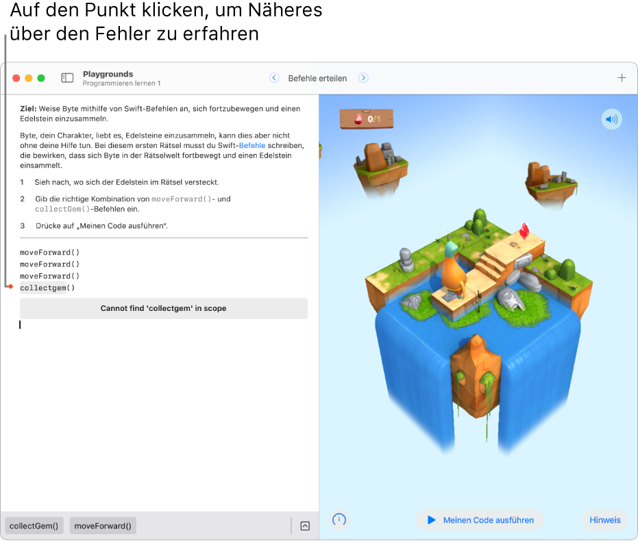 Ein geöffnetes Playground-Buch mit Code links, einem roten Punkt neben einer Codezeile, der auf einen Fehler hinweist, und einer Erklärung des Fehlers darunter.
