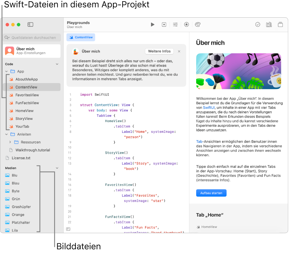 Ein App-Playground mit dem geöffneten Handbuch der App wird mit der Taste „Schritt-für-Schritt-Anleitung starten“ in der rechten Seitenleiste wird angezeigt. Der Codierungsbereich ist sichtbar und die linke Seitenleiste ist geöffnet. Sie zeigt die Swift- und weitere Mediendateien im App-Playground an.