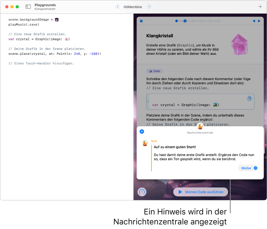 Ein geöffnetes Playground-Buch mit der geöffneten Nachrichtenzentrale, in dem Feedback zum gerade ausgeführten Code angezeigt wird.