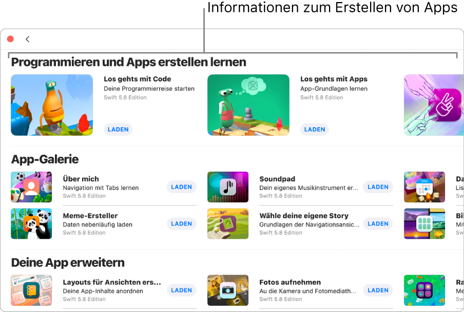 Das Fenster „Weitere Playgrounds“ zeigt die Tutorials oben im Abschnitt „Programmieren und Apps erstellen lernen“.