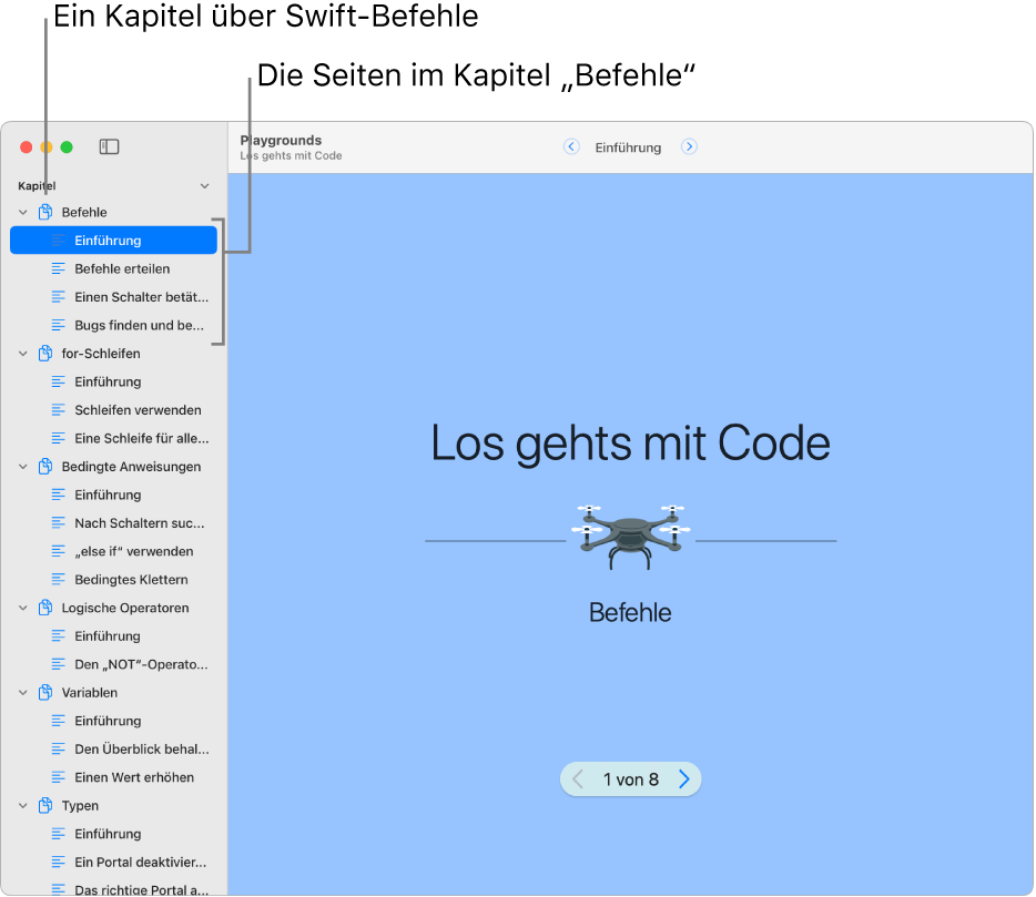 Die erste Folie der Einführung zum Kapitel „Befehle“ im Playground-Buch „Los gehts mit Code“. In der geöffneten Seitenleiste sind alle Kapitel und Seiten des Playgrounds aufgelistet.