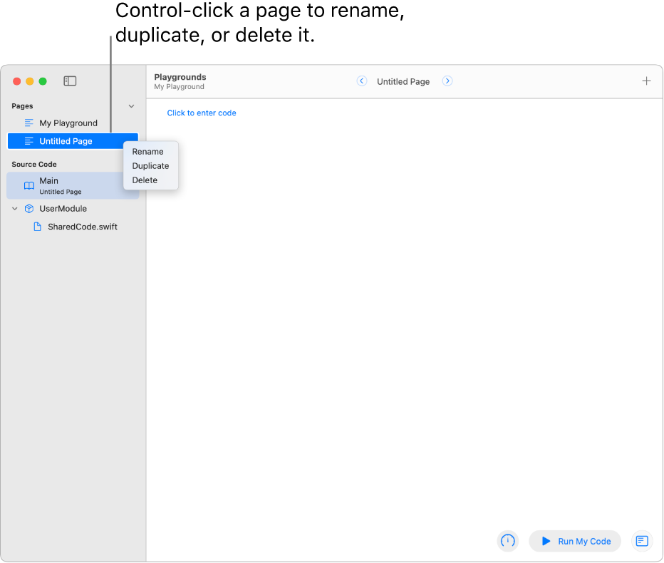 A playground book with the sidebar open, showing the list of pages, modules, and files. One of the pages in the sidebar has its shortcut menu open, showing the page commands Rename, Duplicate, and Delete.