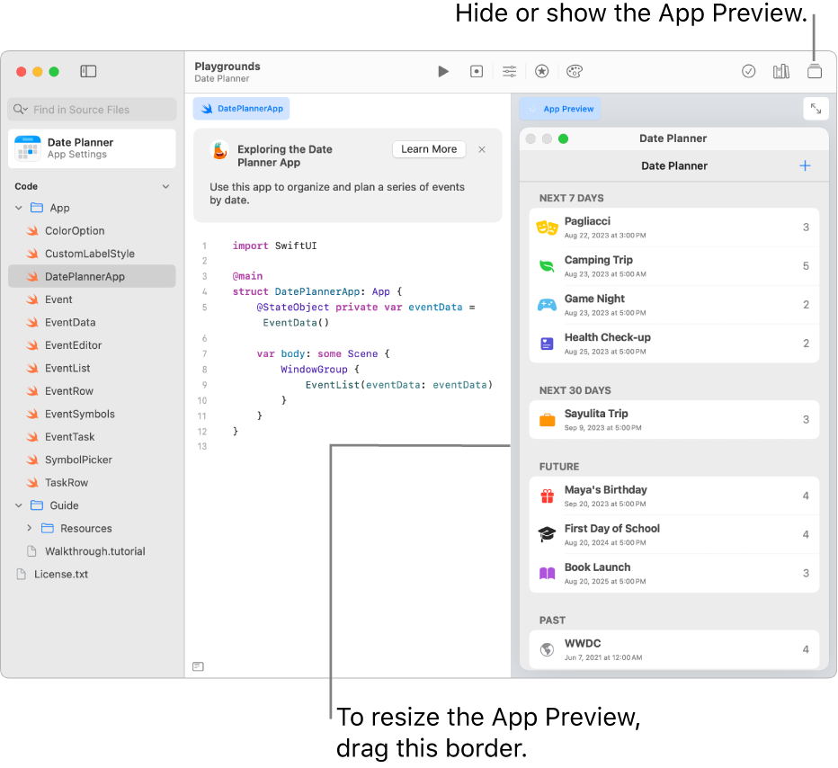 A date planner app, showing sample code on the left and the result of the code in the App Preview on the right. Above the coding area is a brief description of the app, with a Learn More button you can click to find out more about the app.