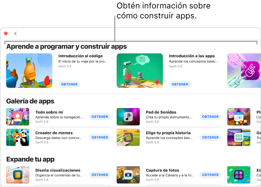 La ventana Más playgrounds mostrando los tutoriales de la sección Aprende a programar y construir apps en la parte superior.
