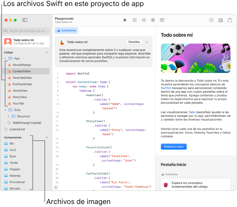 Un playground de app con la guía de la app abierta en la barra lateral derecha, mostrando el botón Iniciar tutorial. Se puede ver el área de código. La barra lateral izquierda está abierta y muestra los archivos y otros componentes de Swift del playground de app.