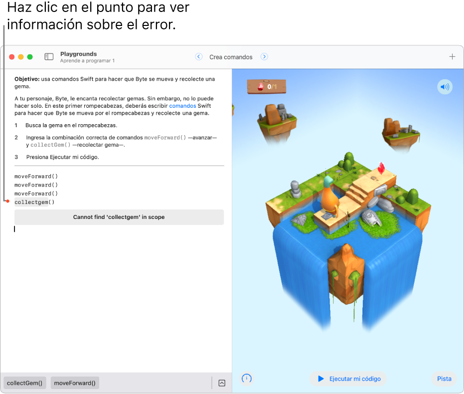 Un libro de playground abierto con código a la izquierda, un punto de color rojo junto a una línea de código indicando un error y una explicación del error debajo.