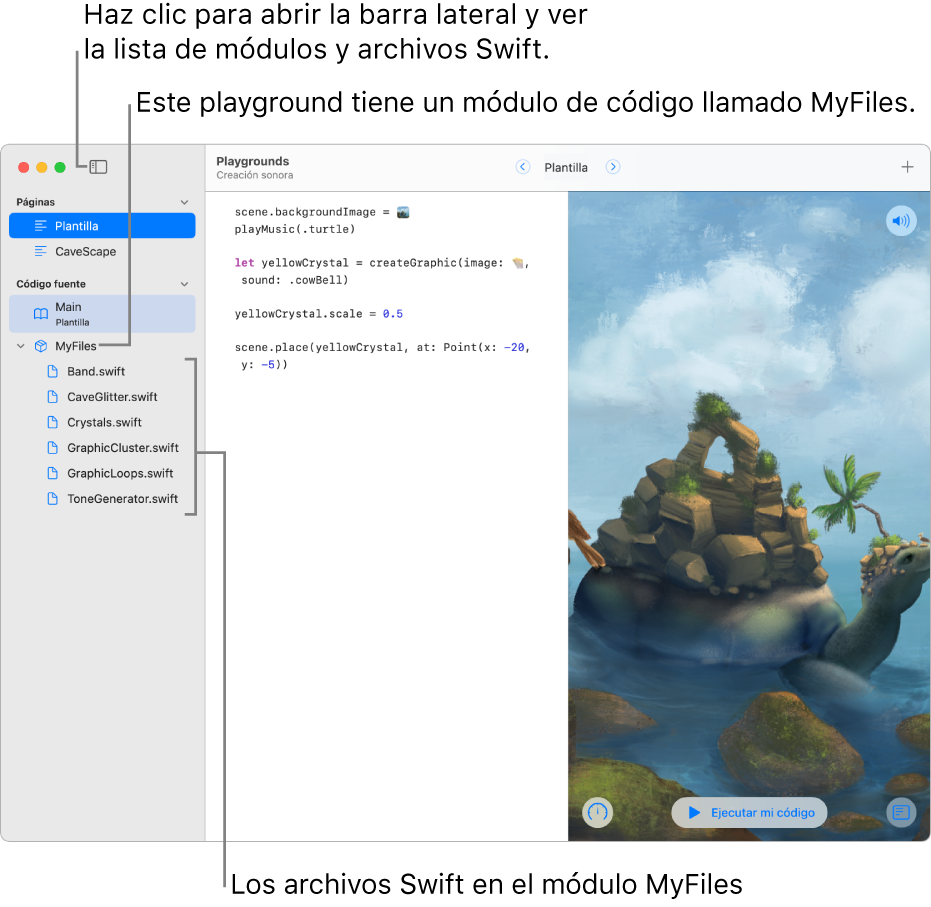 La página de un playground con la barra lateral y la lista de módulos abierta mostrando que el playground tiene un módulo de código, llamado MyFiles, con seis archivos de Swift.