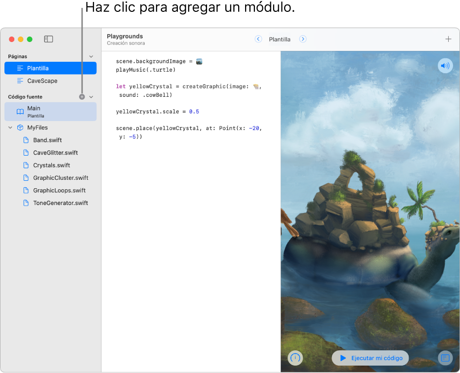 La página de un playground con la barra lateral abierta mostrando una lista de páginas, módulos y archivos Swift. Hay un signo de más en la parte superior de la sección Módulos de la lista mostrando que puedes hacer clic en él para agregar un módulo. En la parte inferior de la sección Módulos en la barra lateral se muestra un módulo nuevo y sin título, listo para que el usuario le cambie el nombre.