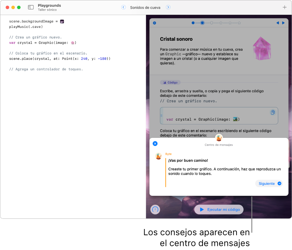 Un libro de playground abierto mostrando el centro de mensajes, donde se ofrece retroalimentación sobre el código que se acaba de ejecutar.