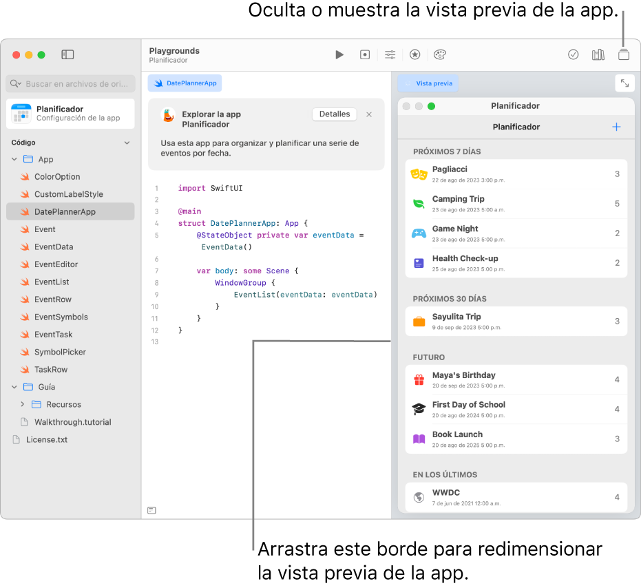 Una app para escribir historias, mostrando un código de ejemplo a la izquierda y, a la derecha, la vista previa de la app muestra el resultado del código. Arriba del área de código hay una breve descripción de la app, y el botón Obtén detalles, en el cual puedes hacer clic para obtener más información sobre la app.