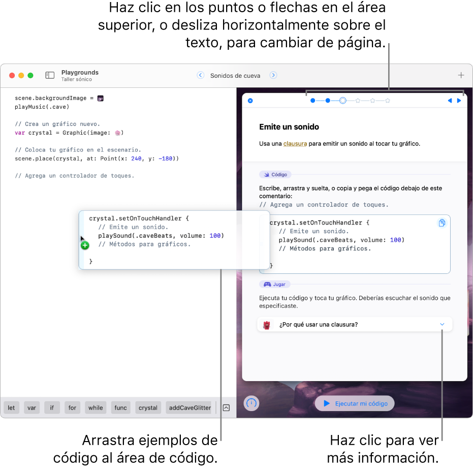 Un libro de playground abierto, a la derecha hay instrucciones y código de muestra, y a la izquierda se encuentra el área de código. Se muestra cómo arrastrar código de muestra desde las instrucciones al área de código.