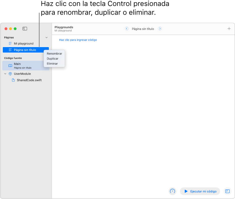 La página de un libro de playground con la barra lateral abierta mostrando la lista de páginas, módulos y archivos. Una de las páginas en la barra lateral tiene su menú de funciones rápidas abierto, mostrando los comandos para renombrar, duplicar o eliminar.