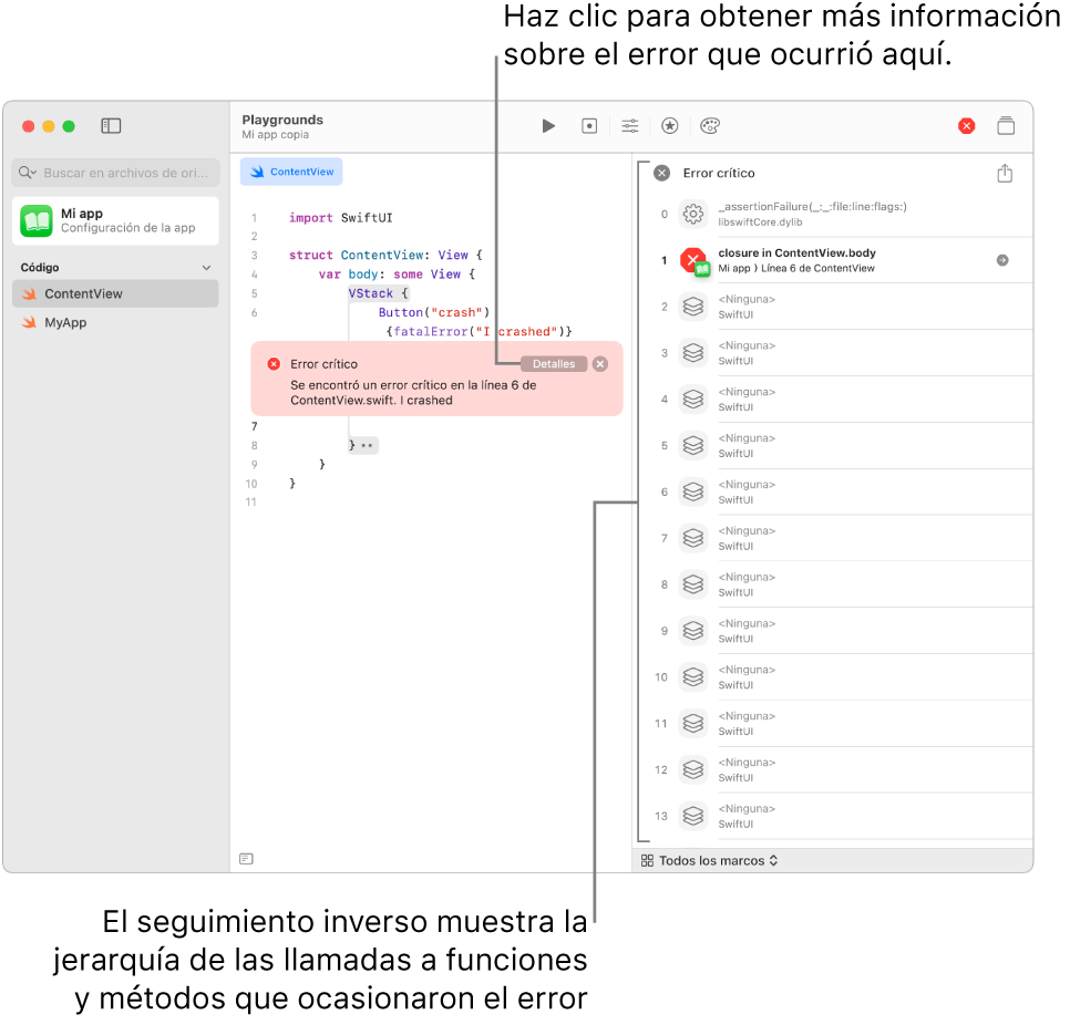 Código de una app mostrando errores después de su ejecución. El mensaje de error incluye un botón Detalles que abre el seguimiento inverso, que muestra la jerarquía de las llamadas a funciones y los métodos que provocaron el fallo.