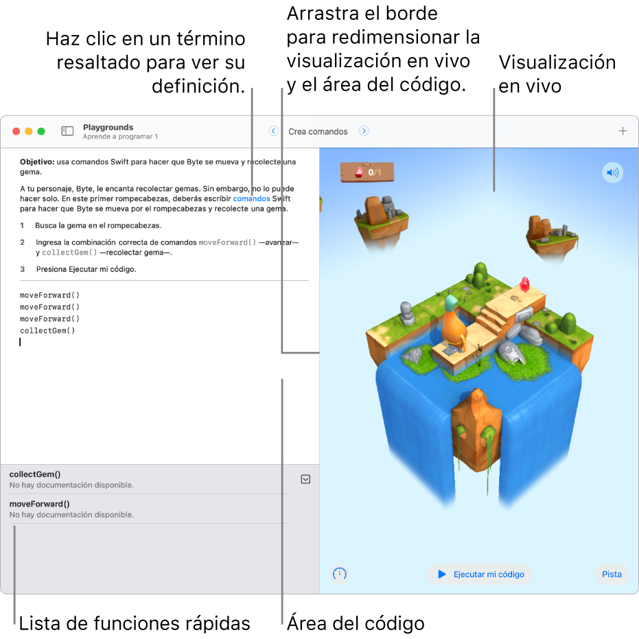 Un playground con un área para ingresar código a la izquierda y la visualización en vivo con el resultado del código a la derecha. El área de código tiene texto resaltado en el que puedes hacer clic para obtener su definición; o haz clic en los nombres de los métodos o propiedades para ver la ayuda rápida. Hay sugerencias de código en la lista de funciones rápidas (debajo del área de código) en las que puedes hacer clic para ingresarlas a tu código.