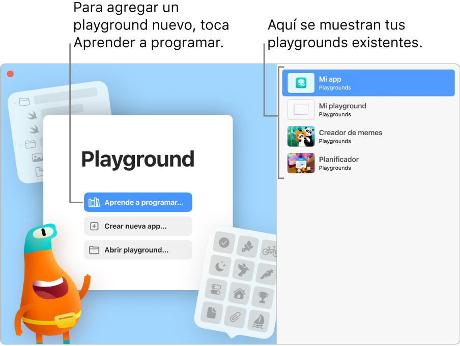 La ventana de bienvenida de Swift Playground con las opciones Aprende a programar, Crear nueva app o Abrir playground, y las apps existentes a la derecha.
