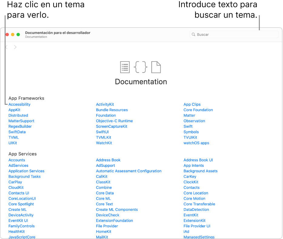 La documentación para desarrolladores de Swift, donde se ve la tabla de contenido, el icono de búsqueda en la esquina superior derecha y los temas en los que puedes hacer clic para leerlos.