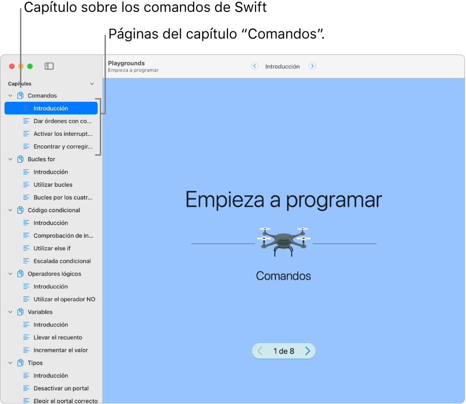 La primera diapositiva del capítulo “Introducción a los comandos” del libro de áreas de juegos “Empieza a programar”. La barra lateral está abierta y muestra todos los capítulos y páginas del área de juegos.