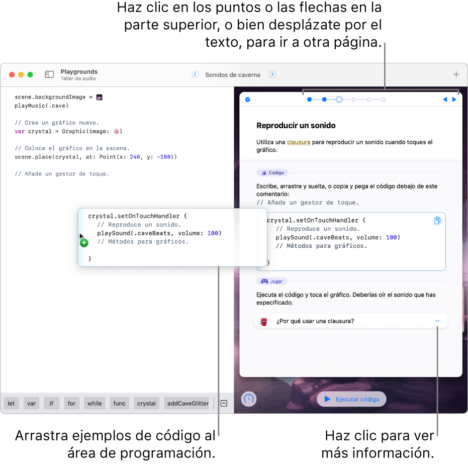 Un libro de áreas de juegos, con instrucciones y código de ejemplo a la derecha y un área de código en la izquierda, mostrando cómo arrastrar código de ejemplo desde las instrucciones al área de código.