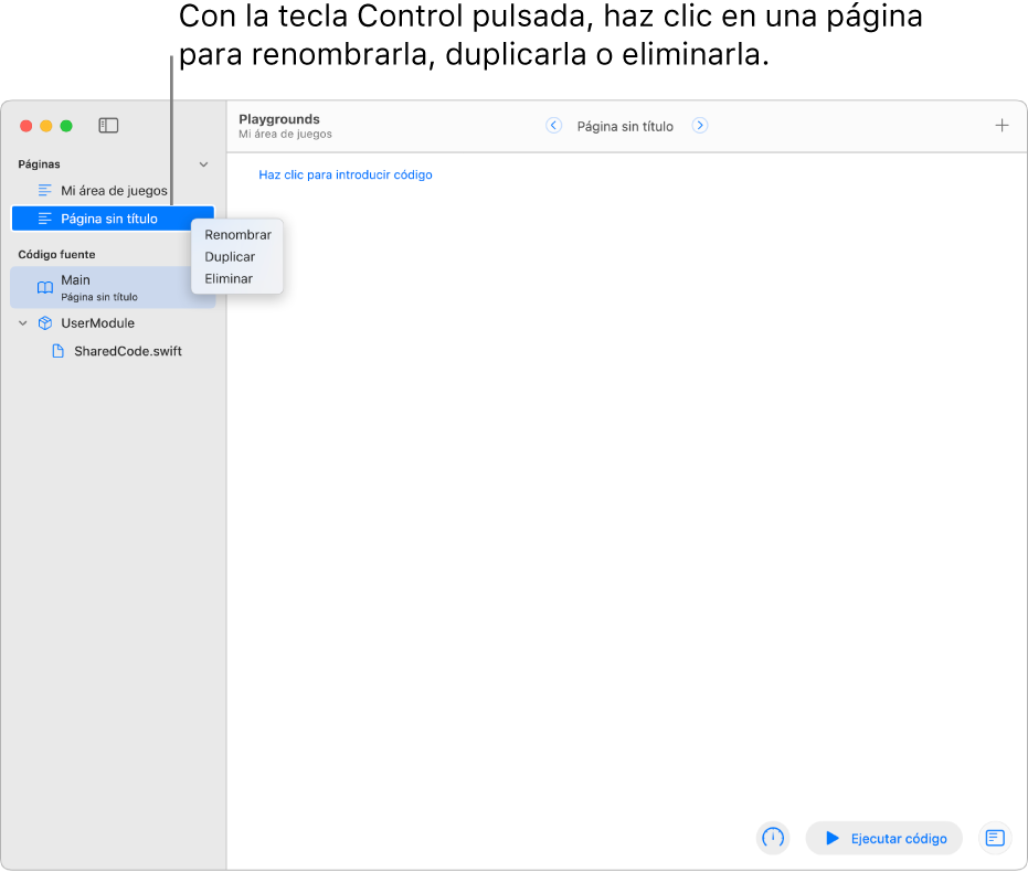 Un libro de áreas de juegos con la barra lateral abierta, mostrando la lista de páginas, módulos y archivos. Una de las páginas de la barra lateral tiene abierto su menú de funciones rápidas, que muestra los comandos de página para renombrar, duplicar o eliminar la página.