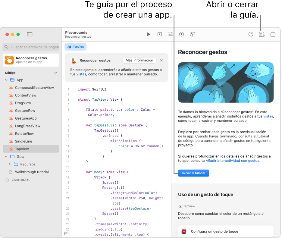 Un área de juegos de app con el manual abierto en la barra lateral derecha con el botón “Iniciar el tutorial”. El código está a la izquierda. La descripción situada encima del código explica qué hace el código.