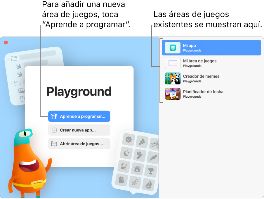 La ventana de bienvenida de la app Swift Playground con las opciones “Aprende a programar”, “Crear una nueva app” o “Abrir área de juegos”, y las apps existentes a la derecha.