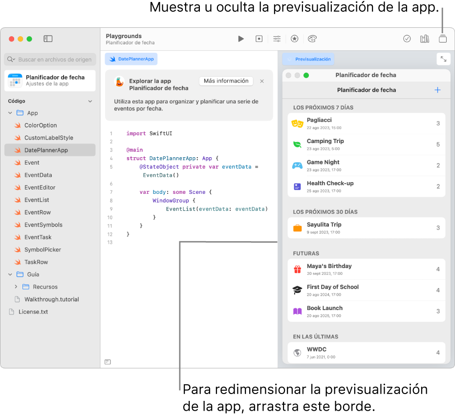 Una app para planificar fechas, que muestra el código de ejemplo a la izquierda y el resultado del código en la previsualización de la app a la derecha. Encima del área de código hay una breve descripción de la app y el botón “Más información”, en el que puedes hacer clic para obtener más información acerca de la app.