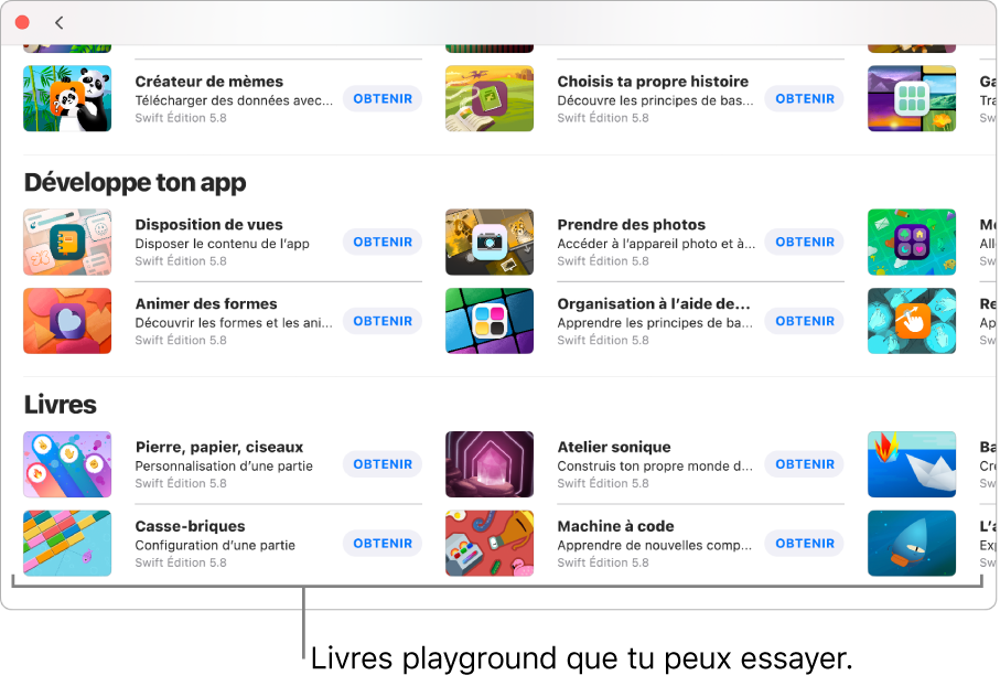 La fenêtre « Plus de playgrounds ». La section Livres se trouve en bas et affiche plusieurs échantillons de livres playground que tu peux essayer.