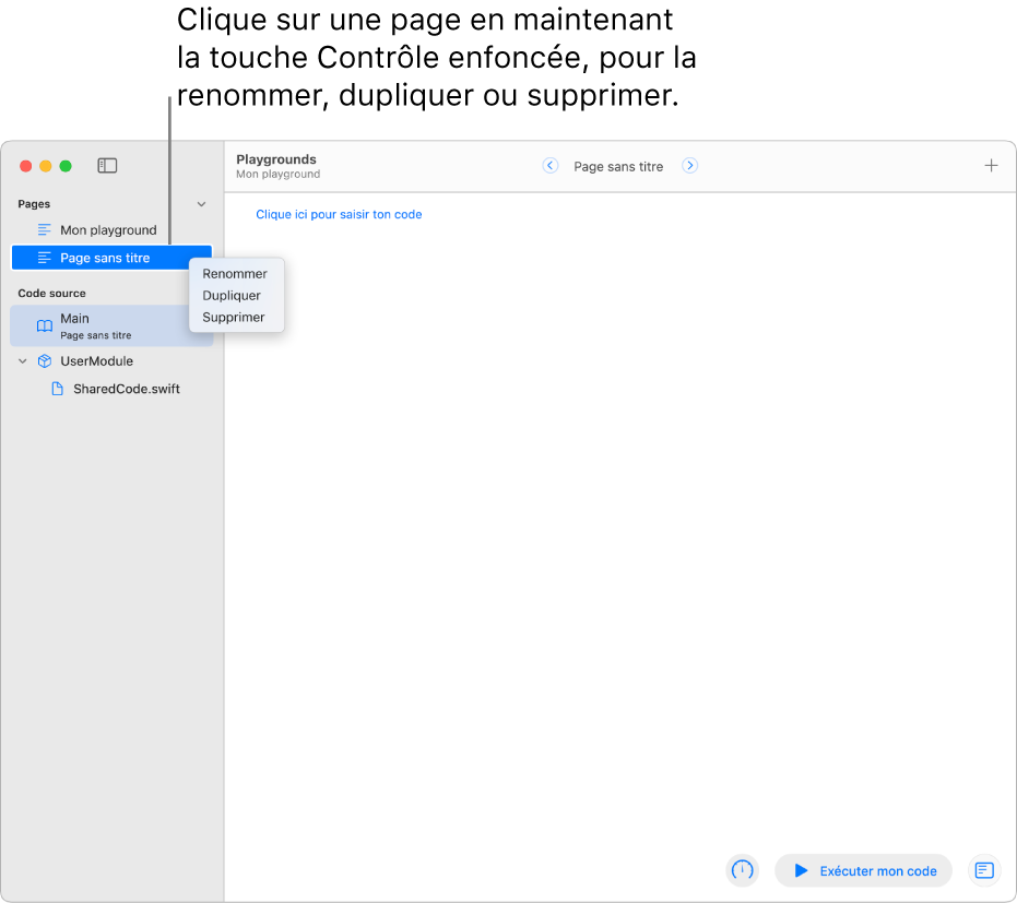 Un livre playground avec la barre latérale ouverte, montrant la liste des pages, des modules et des fichiers. Le menu des raccourcis d’une des pages dans la barre latérale est ouvert, avec les commandes de page Renommer, Dupliquer et Supprimer.