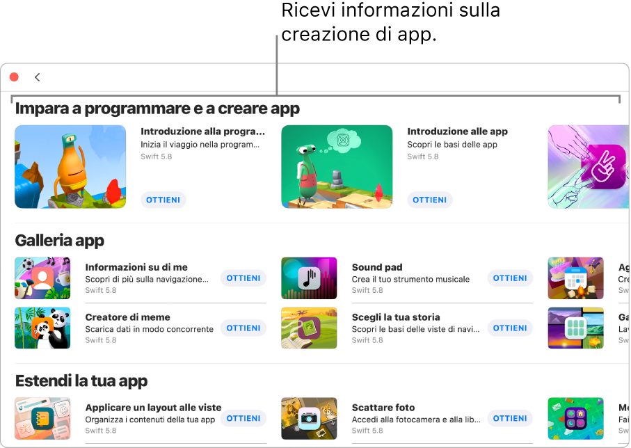 La finestra “Altri playground”, che mostra i tutorial nella sezione “Impara a programmare e a creare app” in alto.