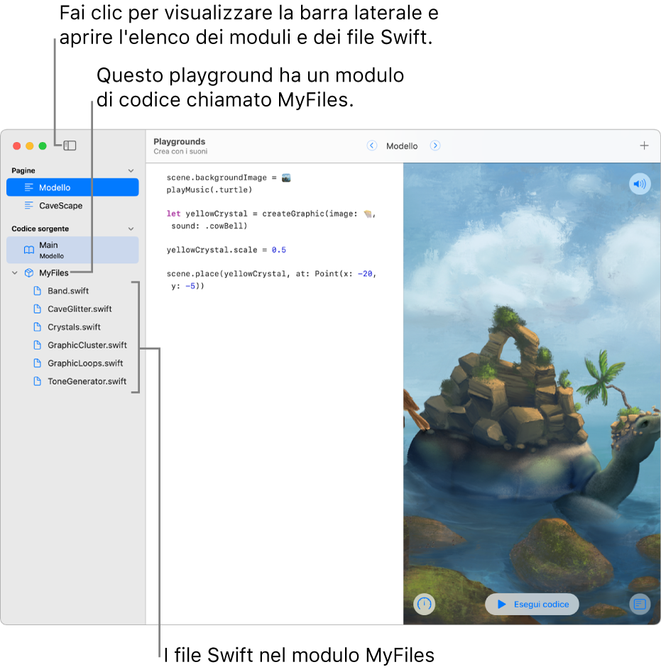 Una pagina di playground con la barra laterale e l’elenco dei moduli aperti, che mostra che il playground ha un modulo di codice chiamato “I miei file”, contenente sei file Swift.