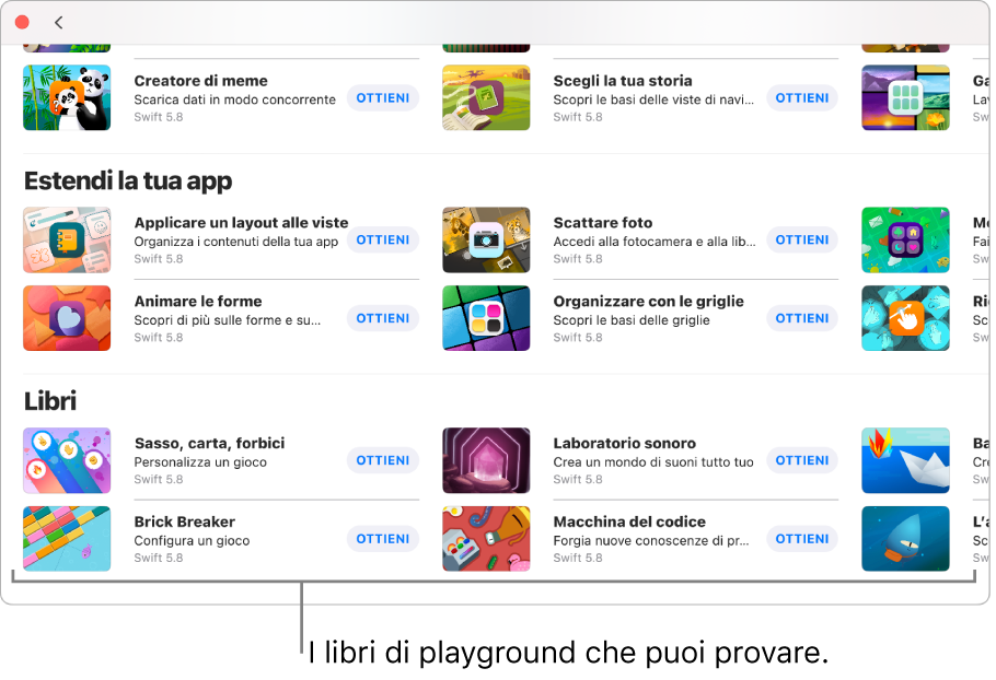 La finestra “Altri playground”. In basso è presente la sezione Libri, che mostra vari libri di playground di esempio da provare.