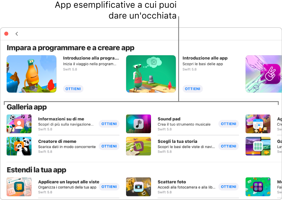 La finestra “Altri playground” che mostra la galleria app, con app di esempio che puoi utilizzare come punti di partenza per creare app o per aggiungere codice personalizzato. Ciascuna app ha un pulsante Ottieni su cui puoi fare clic per effettuare il download. Le app nella sezione successiva, “Estendi la tua app”, contengono codice che puoi utilizzare per estendere le altre app che scarichi o crei. La sezione in basso, Libri, include i libri di playground.