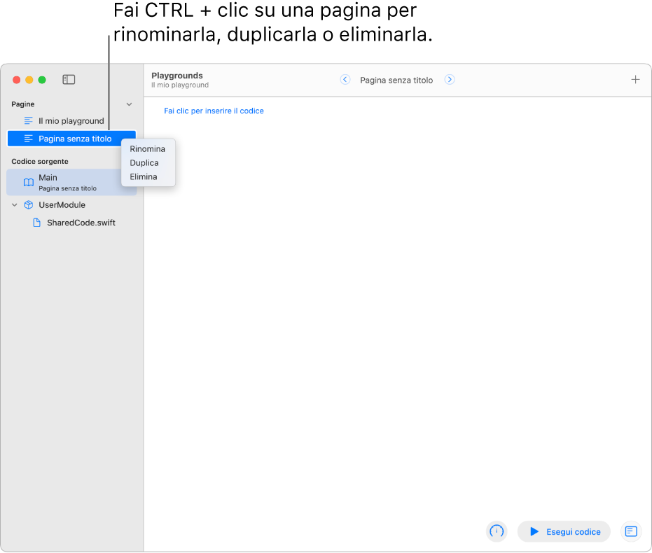 Un libro di playground con la barra laterale aperta, che mostra l’elenco di pagine, moduli e file. Una delle pagine nella barra laterale ha il menu delle abbreviazioni aperto, che mostra i comandi per le pagine Rinomina, Duplica ed Elimina.