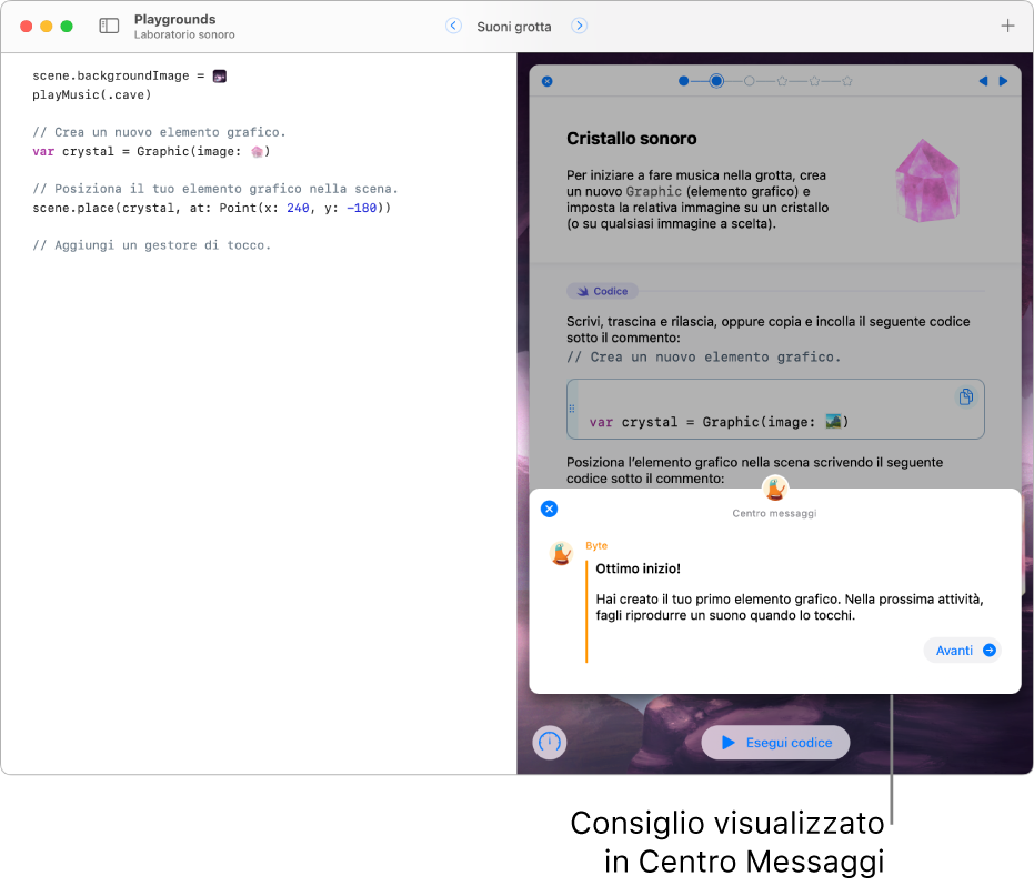 Un libro di playground aperto che mostra il centro messaggi, con un feedback sul codice appena eseguito.