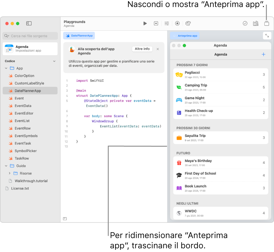 Un’app di agenda che mostra il codice sulla sinistra e il risultato del codice nell’anteprima sulla destra. Sopra l’area di programmazione è presente una breve descrizione dell’app, con un pulsante “Ulteriori informazioni” per scoprire di più.