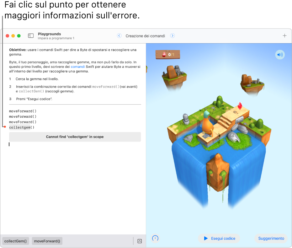 Un libro di playground aperto con codice sulla sinistra, un punto rosso accanto a una riga di codice che indica un errore e, sotto, una spiegazione dell’errore.