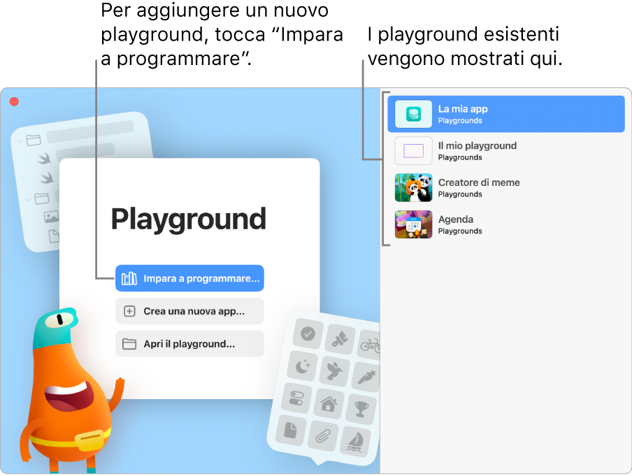 La finestra di benvenuto di Swift Playground mostra le opzioni “Impara a programmare”, “Crea una nuova app” o “Apri playground” e un’app esistente sulla destra.