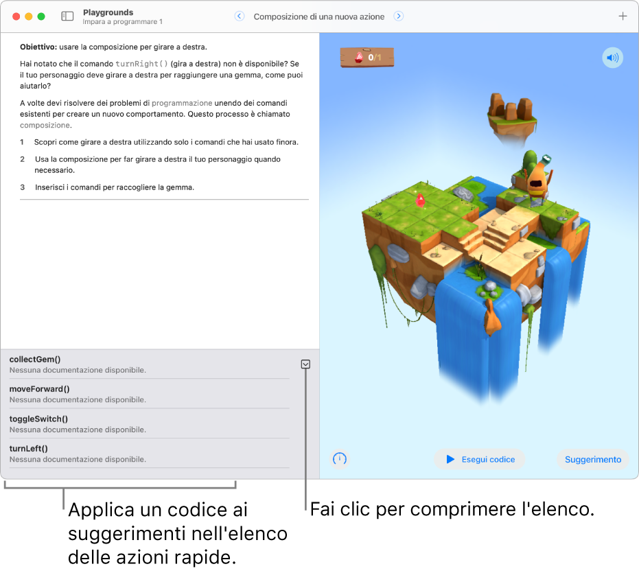 L’elenco delle abbreviazioni nella parte inferiore dell’area di programmazione, che mostra un elenco di suggerimenti di codice e il pulsante per visualizzare l’elenco delle abbreviazioni di codice in versione contratta in una barra.
