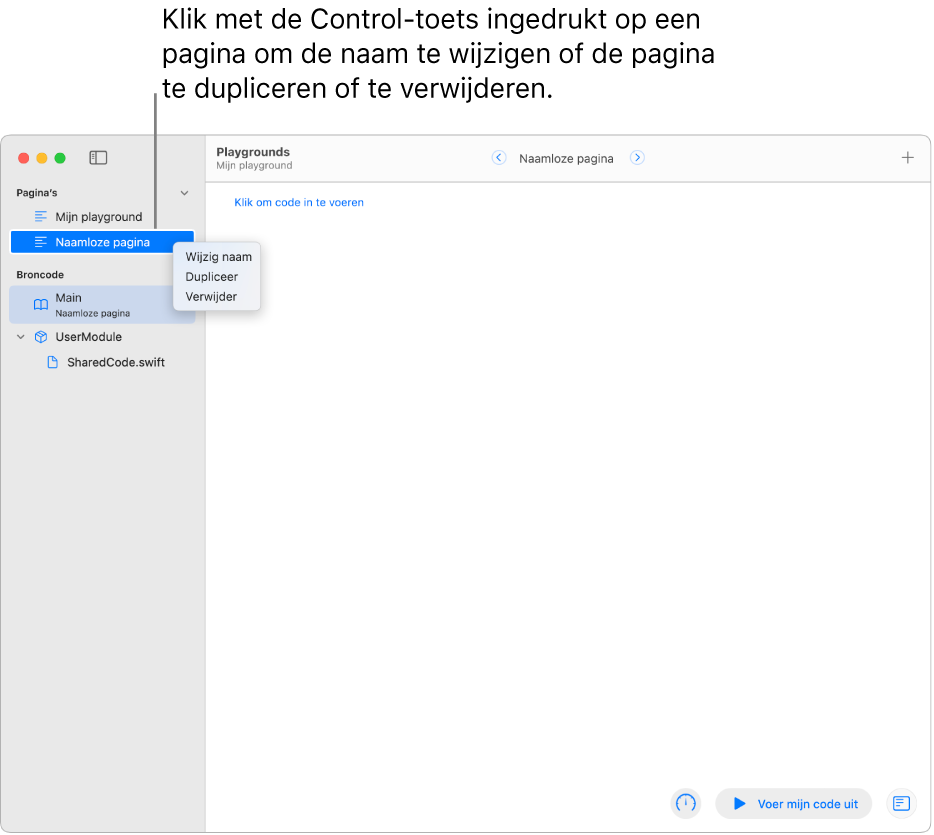 Een playgroundboek met geopende zijkolom met de lijst met pagina's, modules en bestanden. Bij een van de pagina's in de zijkolom wordt het contextuele menu weergegeven met de commando's 'Wijzig naam', 'Dupliceer' en 'Verwijder'.