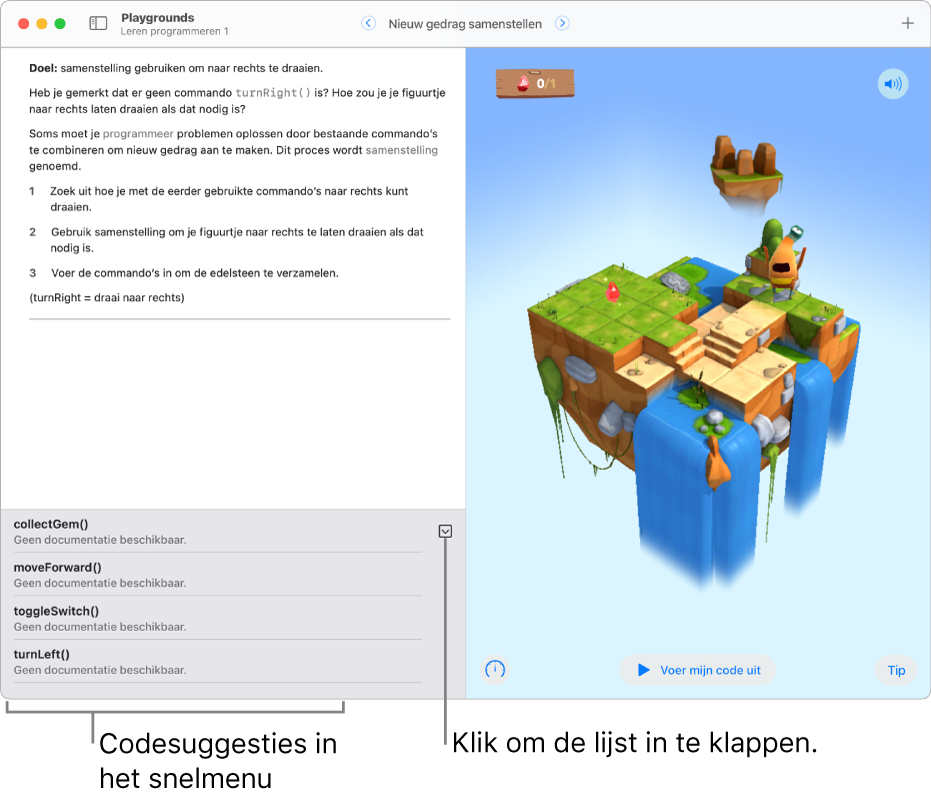 Het snelmenu onderaan het programmeergedeelte met een lijst met codesuggesties en de knop 'Toon compacte codevoltooiingen', waarmee het snelmenu wordt ingeklapt.