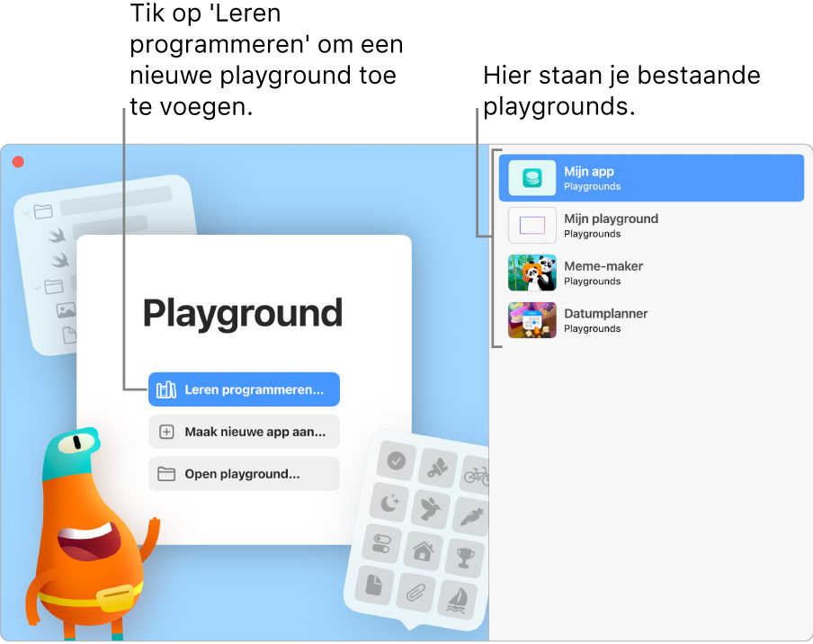 Het welkomstvenster van Swift Playground met de opties 'Leren programmeren', 'Maak nieuwe app aan' en 'Open playground'. Aan de rechterkant staan bestaande apps.