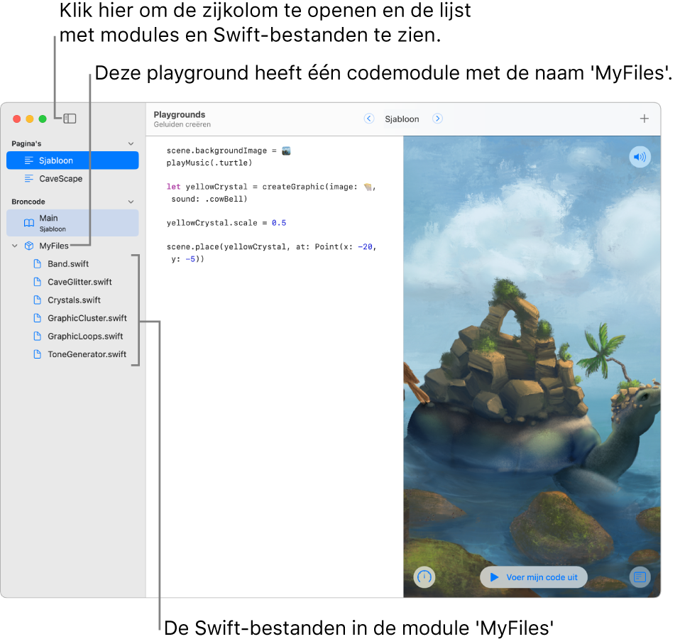 Een playgroundpagina met geopende zijkolom en lijst met modules waarin te zien is dat de playground één codemodule heeft met de naam 'MyFiles' met daarin zes Swift-bestanden.