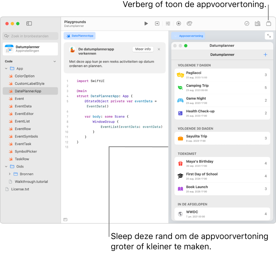 Een datumplannerapp met voorbeeldcode aan de linkerkant en het resultaat van de code in de appvoorvertoning aan de rechterkant. Boven het programmeergedeelte staat een korte beschrijving van de app met de knop 'Meer info' waarop je kunt klikken voor meer informatie over de app.