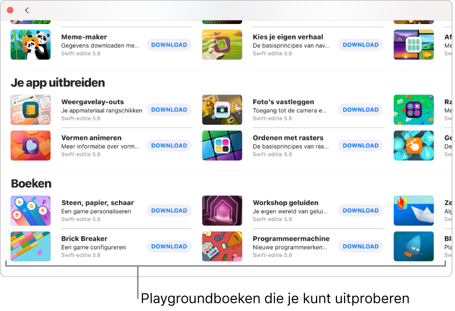 Het venster 'Meer playgrounds'. Onderin staat het gedeelte 'Boeken' met daarin verschillende voorbeelden van playgroundboeken die je kunt uitproberen.